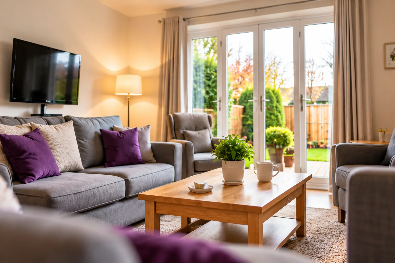 The bright living room opening onto the garden